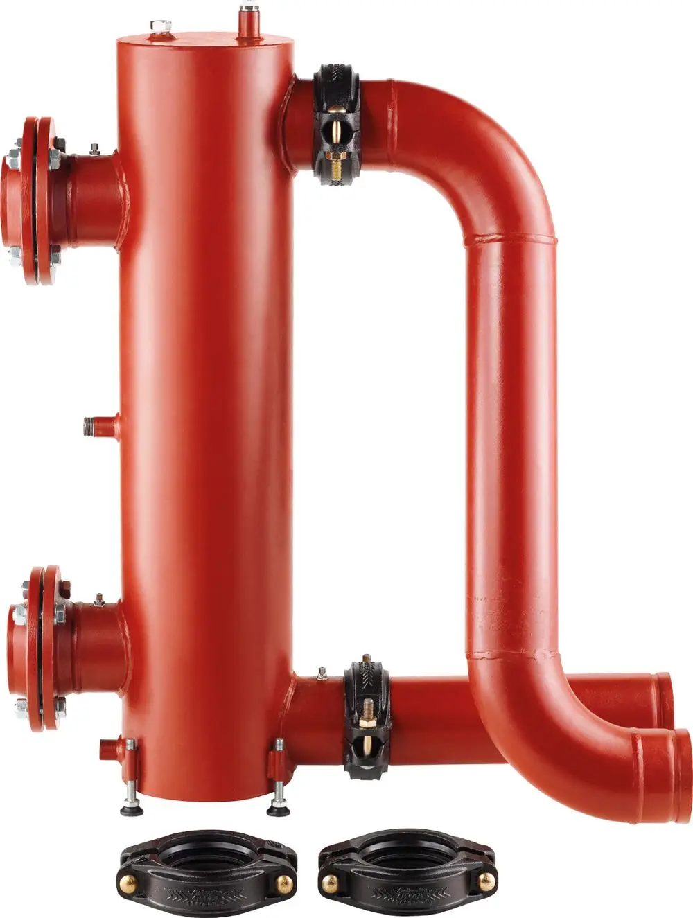 Rote hydraulische Weiche mit mehreren Anschlussflanschen und Schlauchklemmen, hergestellt von Bosch, geeignet für die Integration in Heizsysteme.